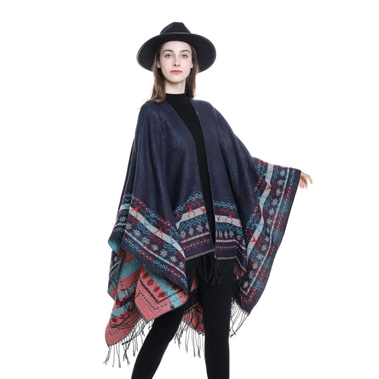 Damen Wollmix-Kimono-Poncho mit Norwegerbordüre und Fransen Shop Nory