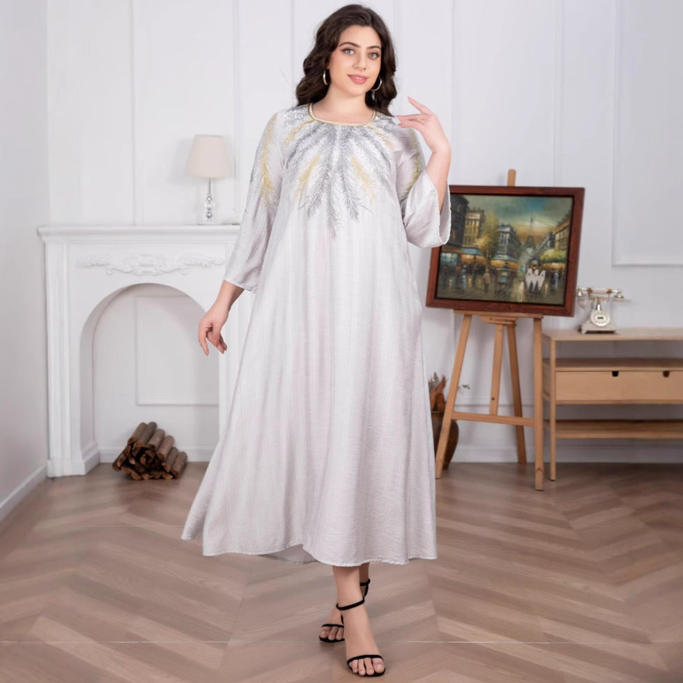Damen Fließendes Maxikleid mit besticktem Rundhalsausschnitt und 3/4-Ärmeln Shop Nory