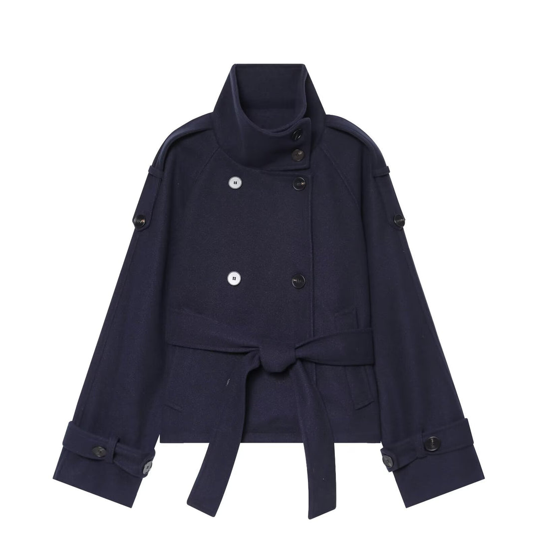 Damen Kurze Capejacke aus Wollmix mit hohem Stehkragen, Doppelreihe und Bindegürtel Shop Nory