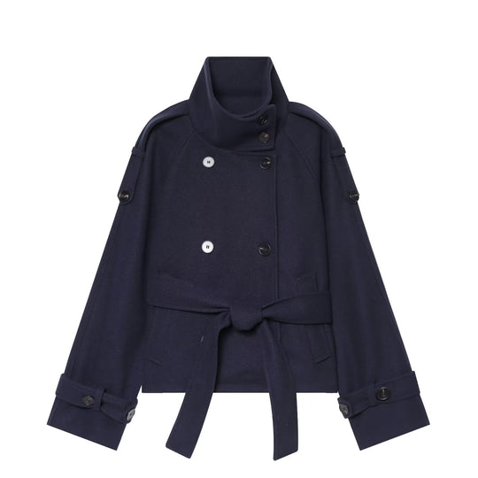 Damen Kurze Capejacke aus Wollmix mit hohem Stehkragen, Doppelreihe und Bindegürtel Shop Nory