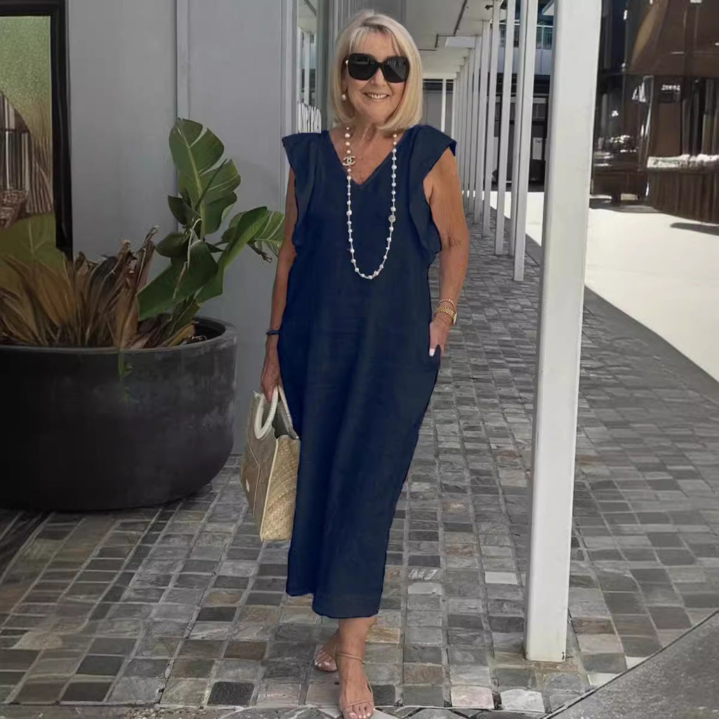 Damen Maxikleid mit V-Ausschnitt und angeschnittenem Ärmel