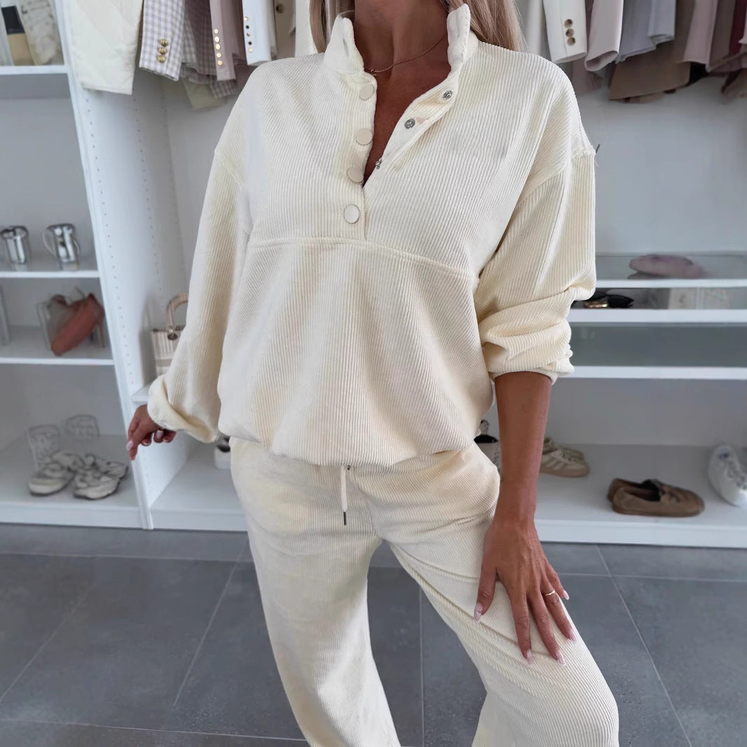 Damen Cord-Lounge-Set mit Henley-Kragen, Knopfleiste und weitem High-Waist-Hose Shop Nory