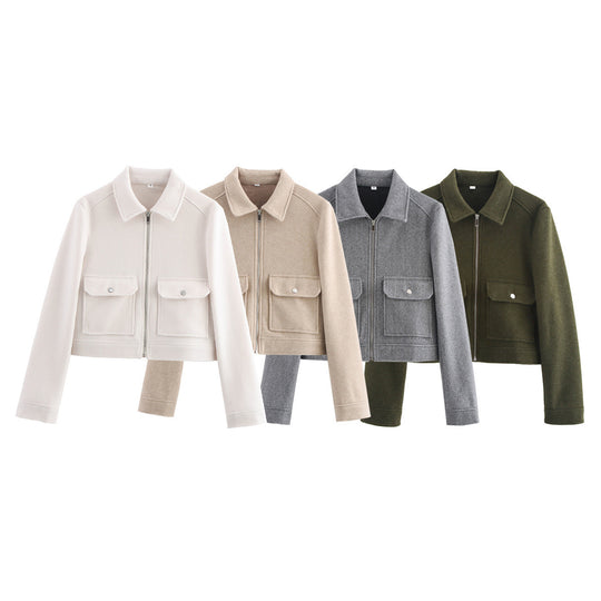 Damen Kurz geschnittene Wollmix-Jacke mit Hemdkragen, Reißverschluss und aufgesetzten Klappentaschen Shop Nory