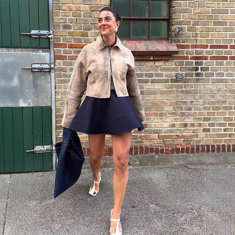 Damen Kurz geschnittene Velourslederjacke in Used‑Optik mit extra langen Ärmeln und Zwei‑Wege‑Reißverschluss Shop Nory