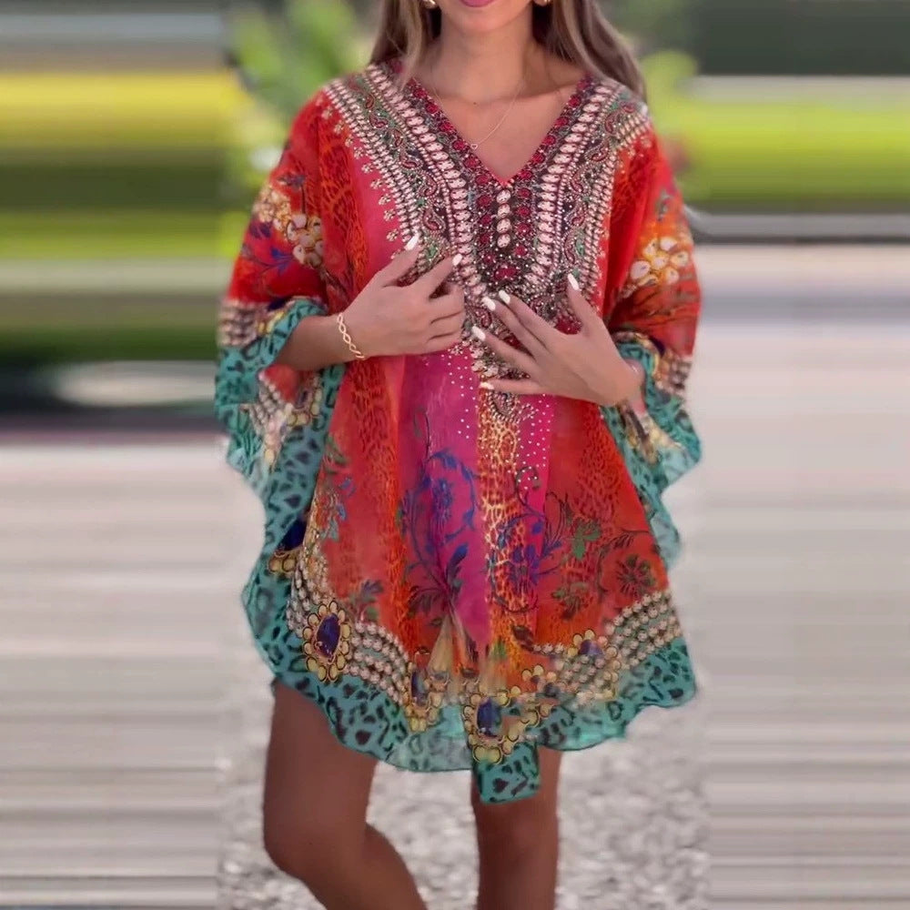 Damen nan kurzes Tunika-Kaftan mit verziertem V-Ausschnitt und floral-animalischer Bordüre