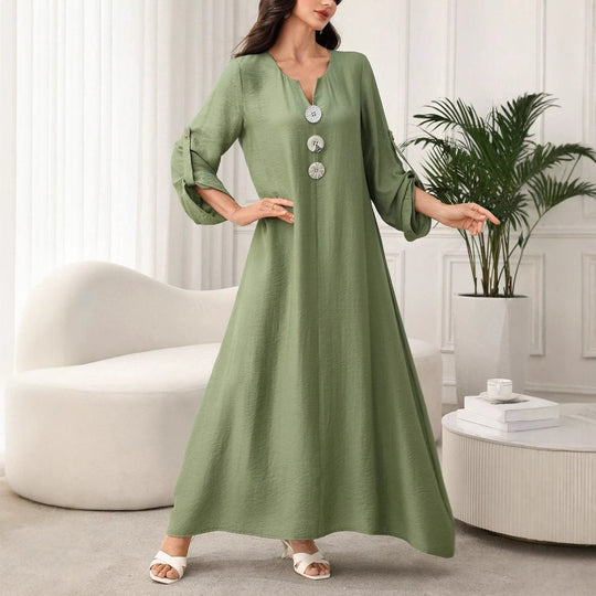Damen Maxikleid mit Zierknöpfen, V-Ausschnitt und krempelbaren 3/4-Ärmeln Shop Nory