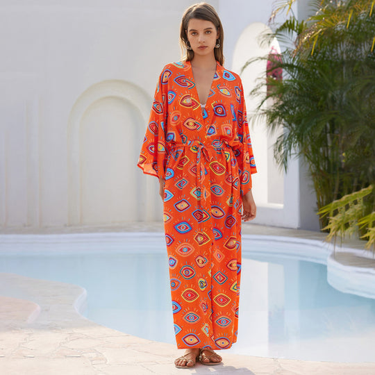 Damen Langer Kaftan‑Kimono mit Taillengürtel, V‑Ausschnitt & grafischem Augenprint Shop Nory