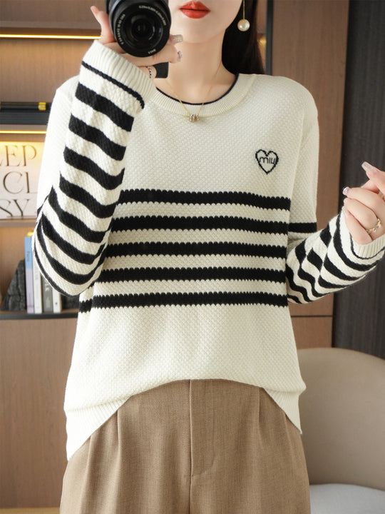 Damen Oversize-Strickpullover mit Wabenstruktur, kontrastierenden Streifen und dezentem Herzlogo Shop Nory