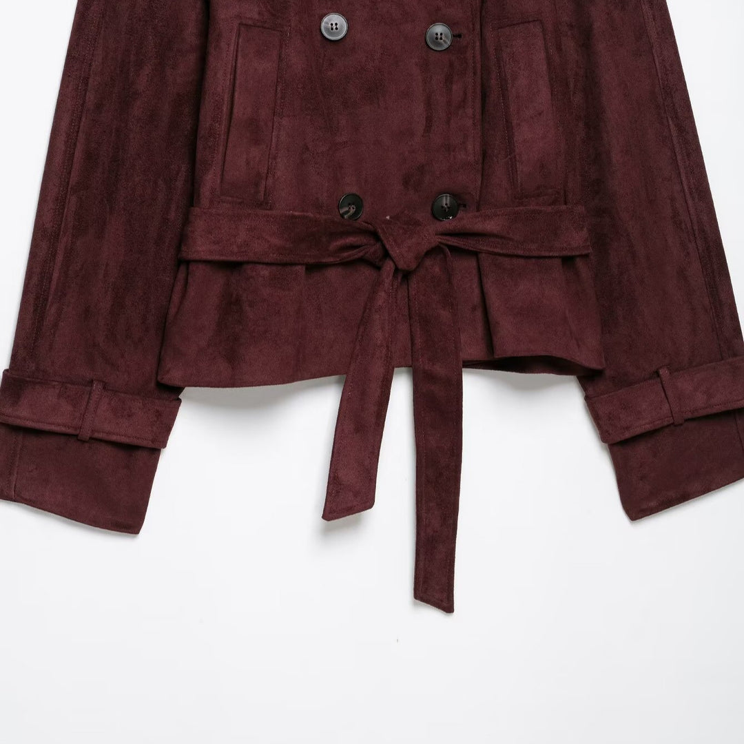 Damen Kurze Trenchjacke aus Veloursoptik mit hohem Stehkragen und Bindegürtel Shop Nory