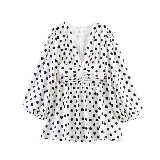 Damen Gepunktete Bluse mit tiefem V‑Ausschnitt, geraffter Taillenpartie und voluminösen Ballonärmeln Shop Nory