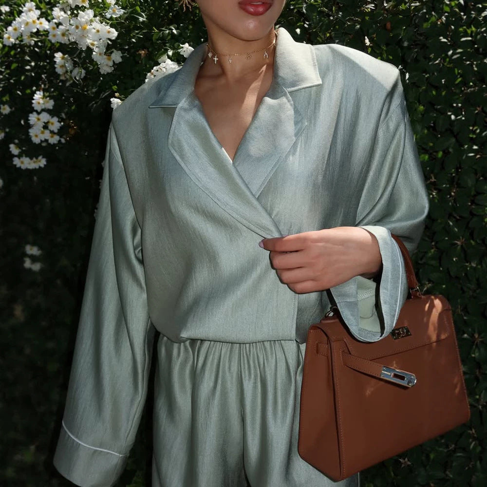 Damen Satin-Zweiteiler mit Wickelbluse, weiten Hosen und elastischem Bund Shop Nory