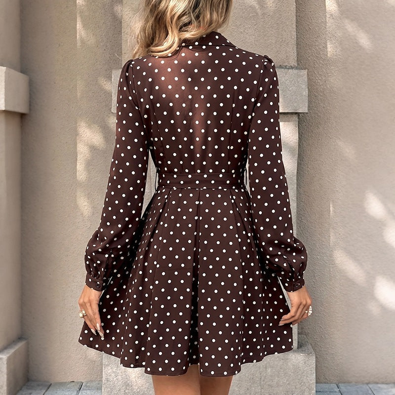 Damen Gepunktetes Hemdblusenkleid mit Taillengürtel und schwingender A-Linie Shop Nory