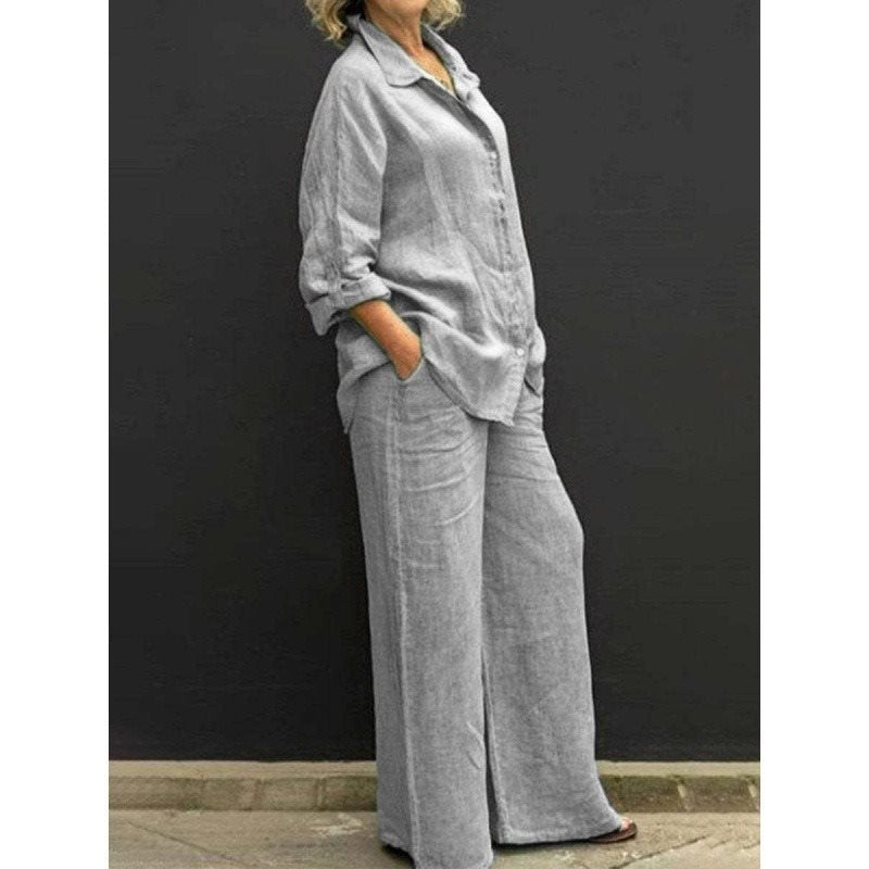 Damen Leichtes Leinen-Loungewear-Set mit Oversized-Hemd und weiter Palazzo-Hose Shop Nory