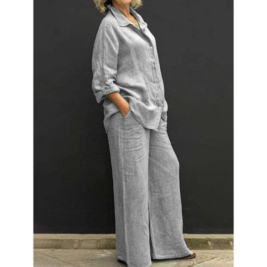 Damen Leichtes Leinen-Loungewear-Set mit Oversized-Hemd und weiter Palazzo-Hose Shop Nory