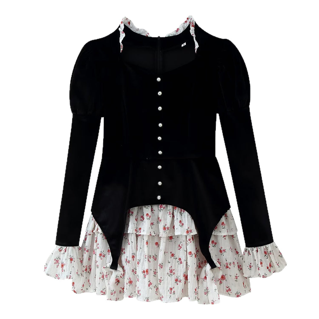 Damen Samt‑Corsagen‑Top mit Puffärmeln, Herzausschnitt und Perlenknopfleiste Shop Nory