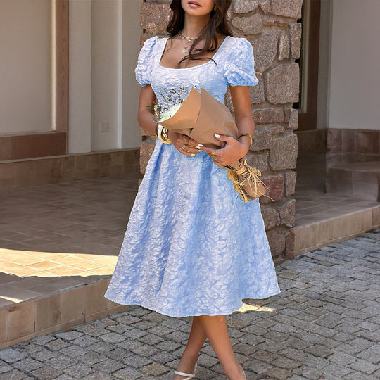 Damen Midi-Kleid mit Puffärmeln und detailliertem Strukturdesign