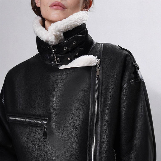 Damen Oversized Bikerjacke mit Teddyfell-Futter und verstellbaren Gürteln Shop Nory