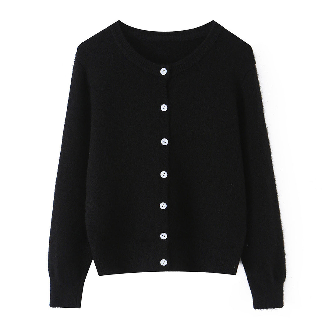 Damen Feinstrick-Cardigan mit Rundhalsausschnitt, durchgehender Knopfleiste und geripptem Saum Shop Nory