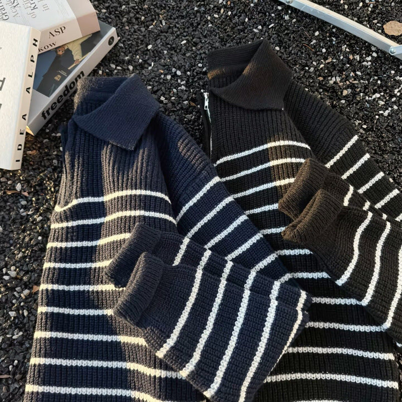 Unisex Grobgestrickter Oversize-Pullover mit halbem Reißverschluss und Polokragen Shop Nory