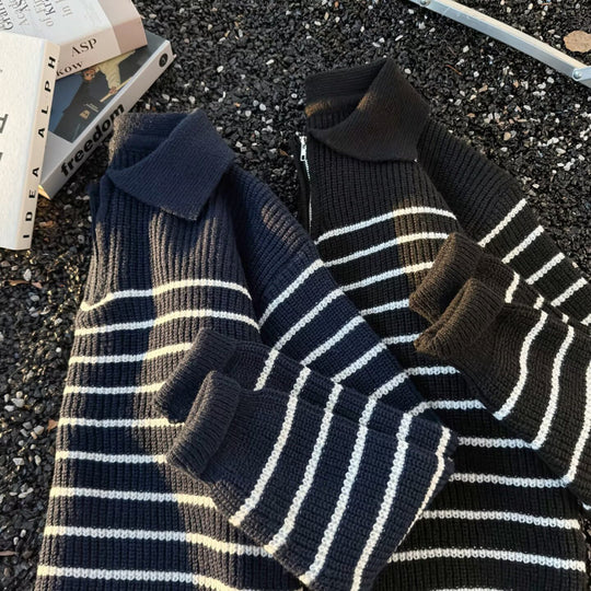 Unisex Grobgestrickter Oversize-Pullover mit halbem Reißverschluss und Polokragen Shop Nory