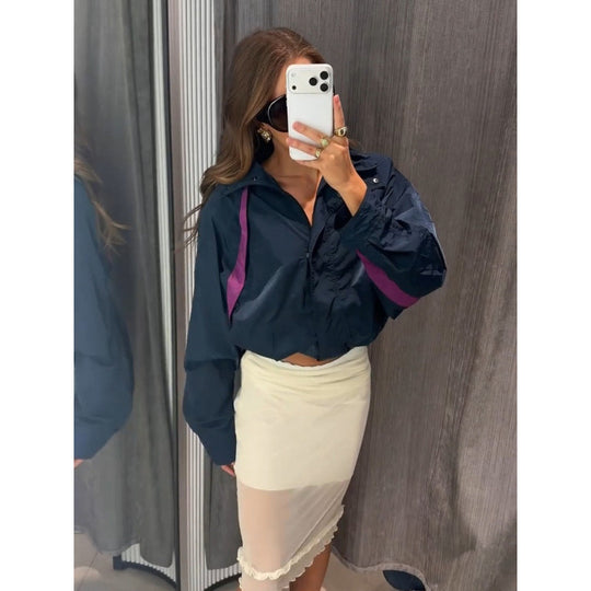 Damen Leichte Oversize Windjacke mit hohem Stehkragen und Kontraststreifen Shop Nory