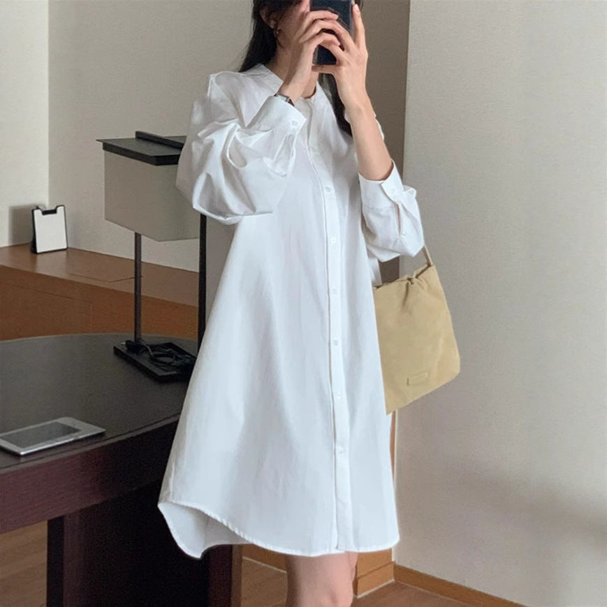 Damen Weites Baumwoll-Hemdblusenkleid mit Stehkragen, Oversize-Schnitt und gerundetem Saum Shop Nory