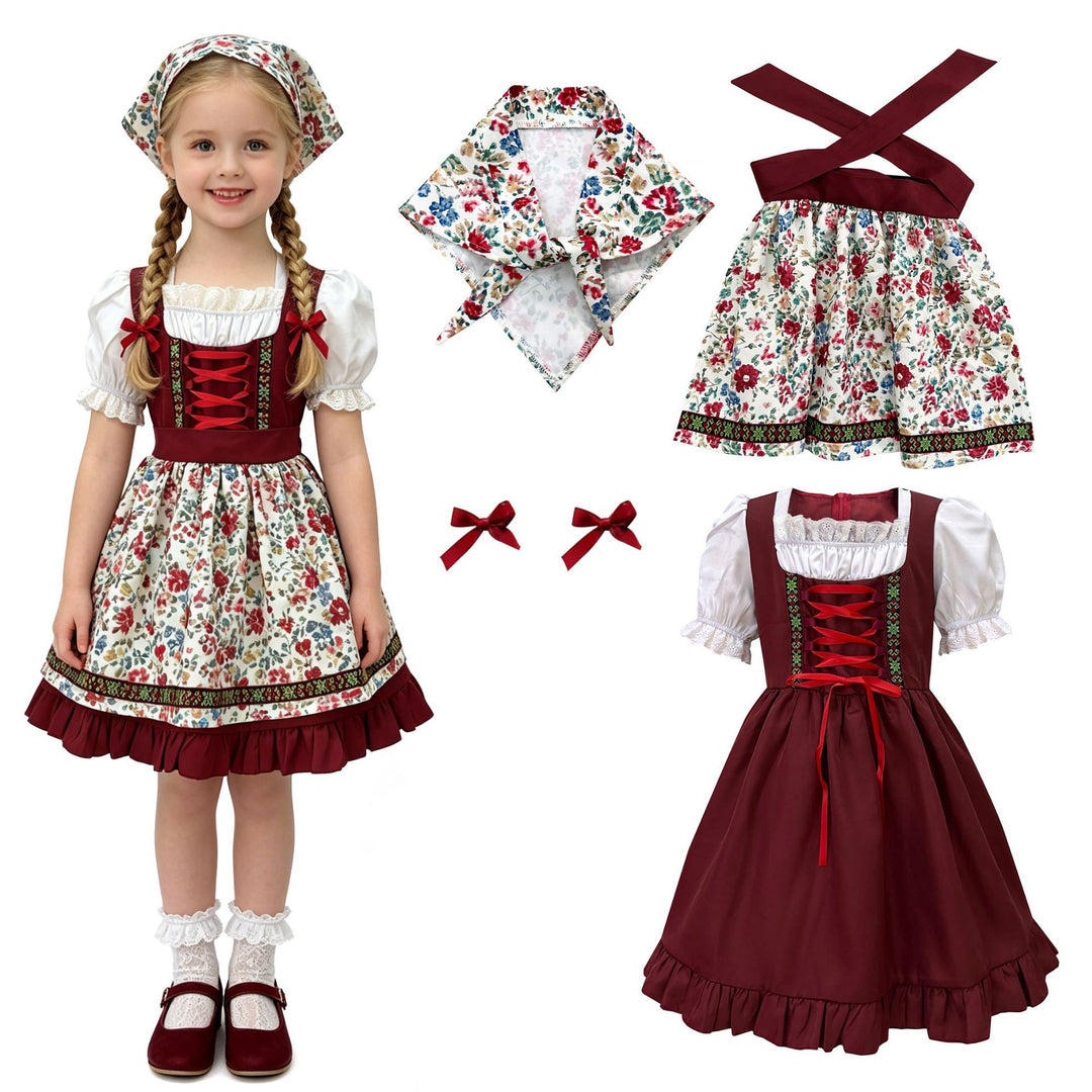 Damen nan traditionelles Kinderdirndl mit Schürze Haarband Spitzenbluse und Zierschnürung Shop Nory