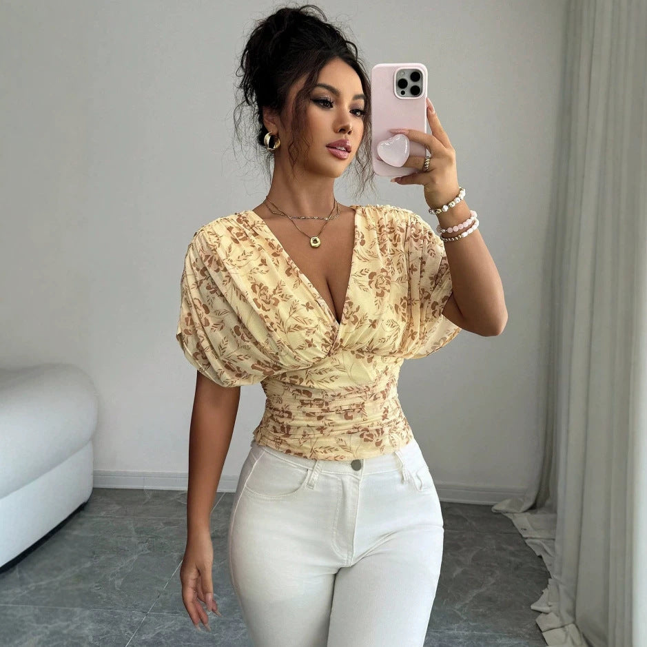 Damen Figurbetonte Wickelbluse mit tiefem V-Ausschnitt, geraffter Taille und Kimonoärmeln Shop Nory