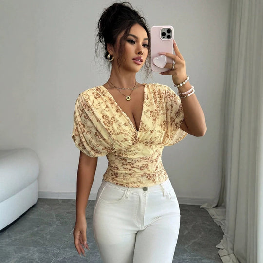 Damen Figurbetonte Wickelbluse mit tiefem V-Ausschnitt, geraffter Taille und Kimonoärmeln Shop Nory