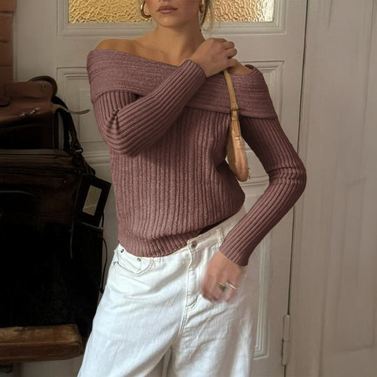 Damen nan Off-Shoulder Rippstrickpullover mit schmaler Silhouette und gerolltem Ausschnitt Shop Nory