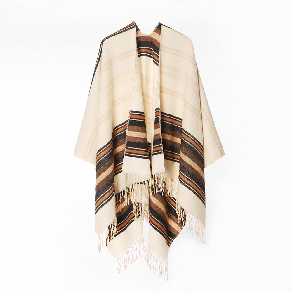 Damen Leichter Ruana‑Poncho aus Woll‑Viskosemix mit gestreifter Webbordüre und Fransensaum Shop Nory