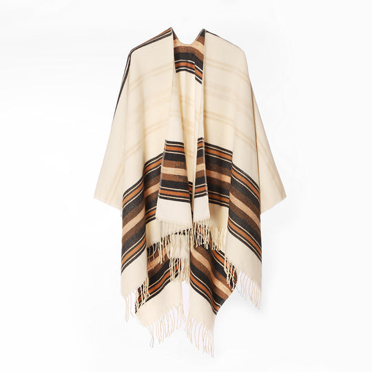 Damen Leichter Ruana‑Poncho aus Woll‑Viskosemix mit gestreifter Webbordüre und Fransensaum Shop Nory