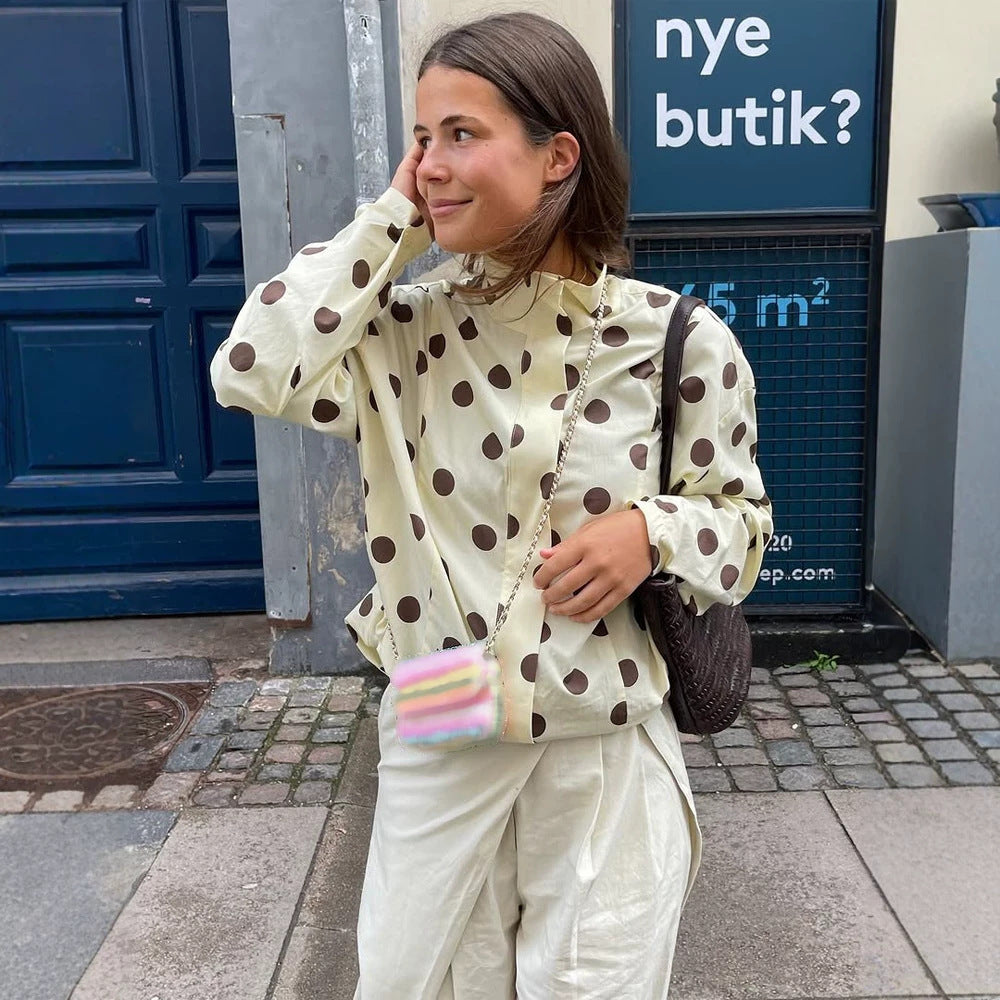 Damen Boxy Hemdjacke mit Stehkragen, Ballonärmeln und großem Polka‑Dot‑Print Shop Nory