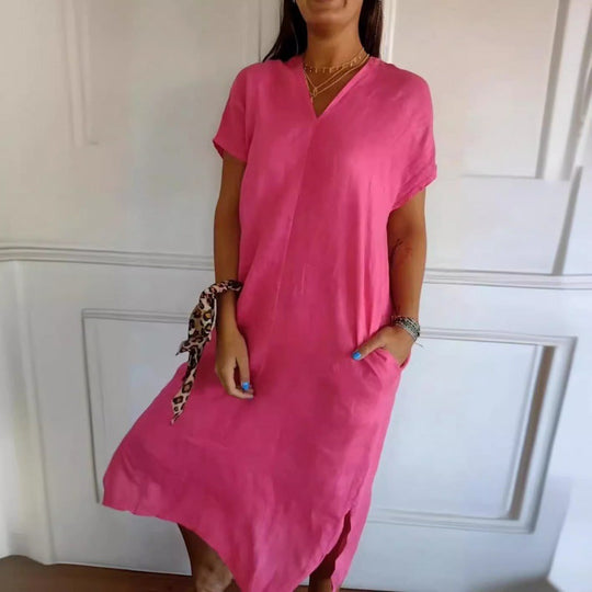Damen Lässiges V-Ausschnitt Kleid mit praktischen Taschen und oversize Schnitt Shopnory