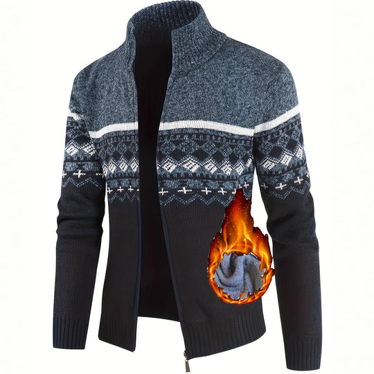 Herren Thermo-Strickjacke mit Stehkragen und Reißverschluss Norwegerstrick Fleece-gefüttert Shop Nory