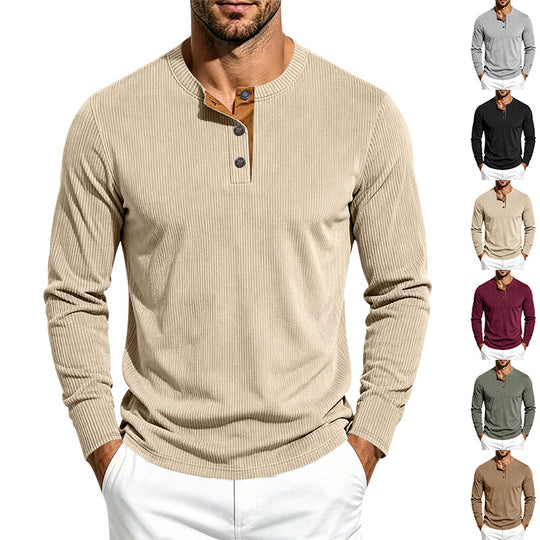 Herren Geripptes Langarm-Henley mit Stehkragen, Kontrast-Knopfleiste und Rippbündchen Shop Nory