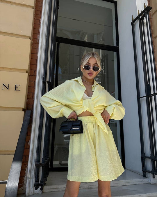 Damen Zweiteiliges texturiertes Loungewear‑Set mit Oversized‑Hemd und elastischer Taillen‑Shorts Shop Nory