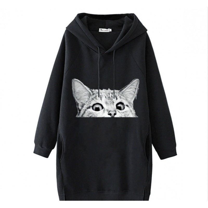 Damen Oversize Kapuzenkleid aus Sweat mit großem Katzenprint und Seitentaschen Shop Nory