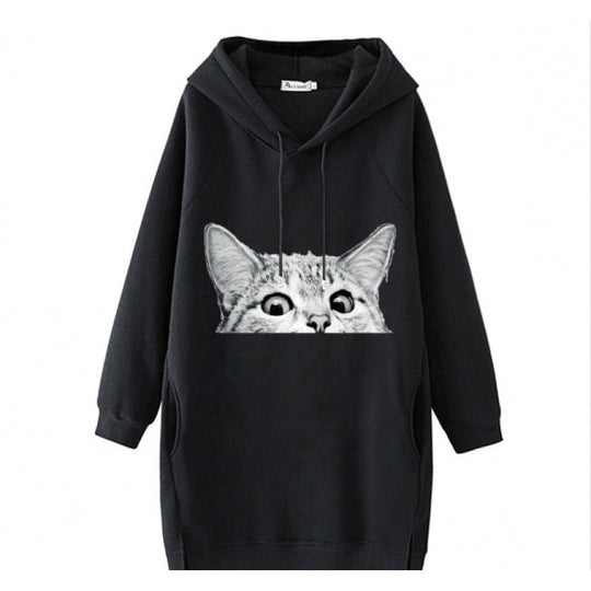 Damen Oversize Kapuzenkleid aus Sweat mit großem Katzenprint und Seitentaschen Shop Nory