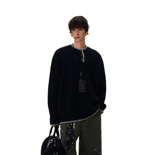 Herren Grobstrick-Henley-Pullover mit Bouclé-Optik und kontrastierten Bündchen Shop Nory