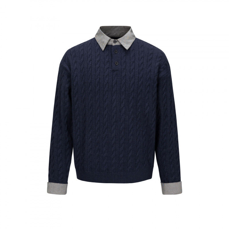 Herren Strukturiertes Zopfmuster-Henley-Strickshirt mit Kontrast-Hemdkragen und Umschlagmanschetten Shop Nory