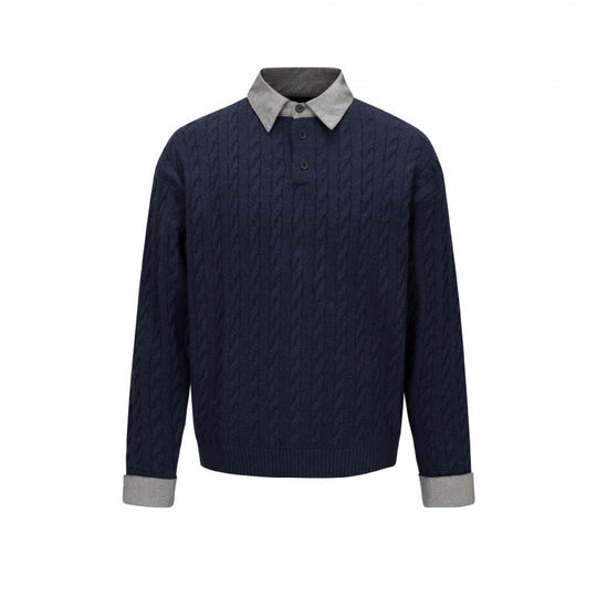 Herren Strukturiertes Zopfmuster-Henley-Strickshirt mit Kontrast-Hemdkragen und Umschlagmanschetten Shop Nory