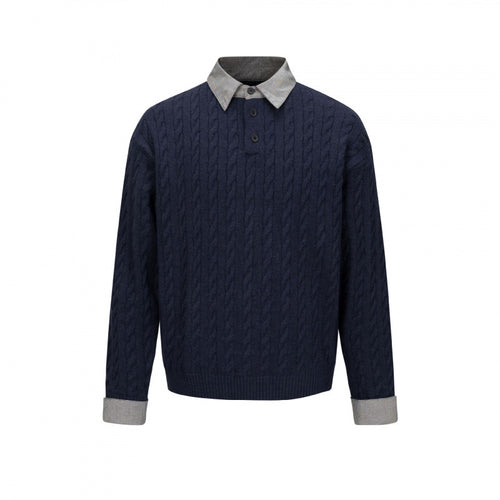 Herren Strukturiertes Zopfmuster-Henley-Strickshirt mit Kontrast-Hemdkragen und Umschlagmanschetten Shop Nory
