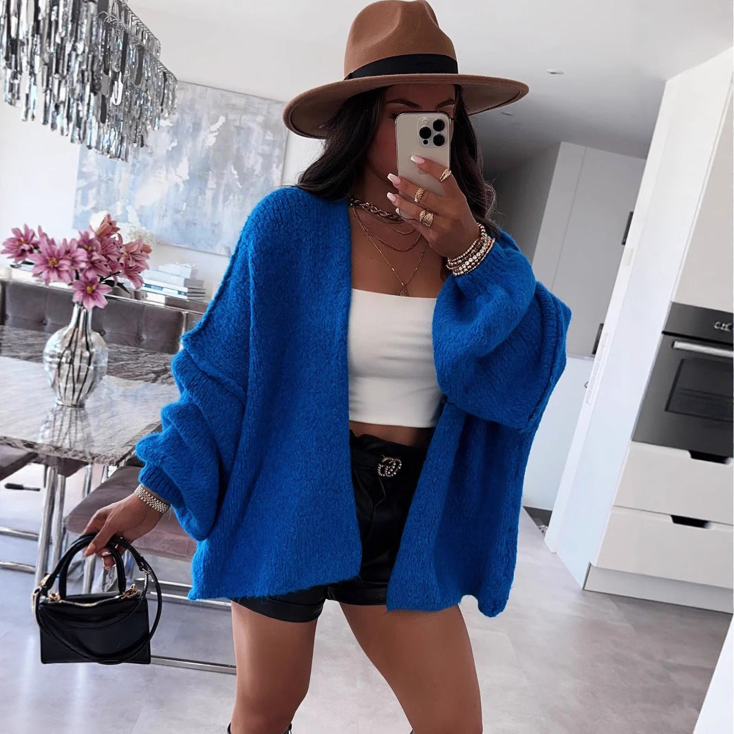Damen oversized Strickjacke mit lässigen Ballonärmeln und strukturiertem Material