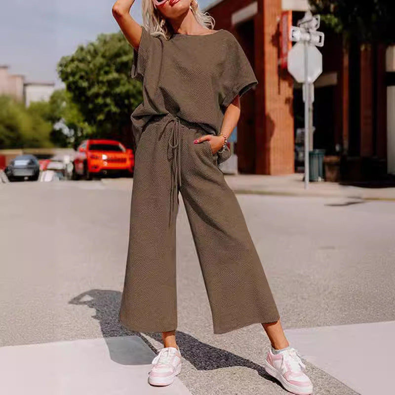 Damen lässiges Jumpsuit-Set aus weichem Material mit elastischem Bund und weit geschnittenen Beinen