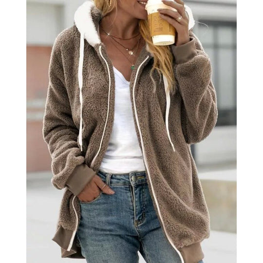 Damen Oversized Sherpa-Zipjacke mit Kontrastkragen, Rippbündchen und Kordelzug Shop Nory