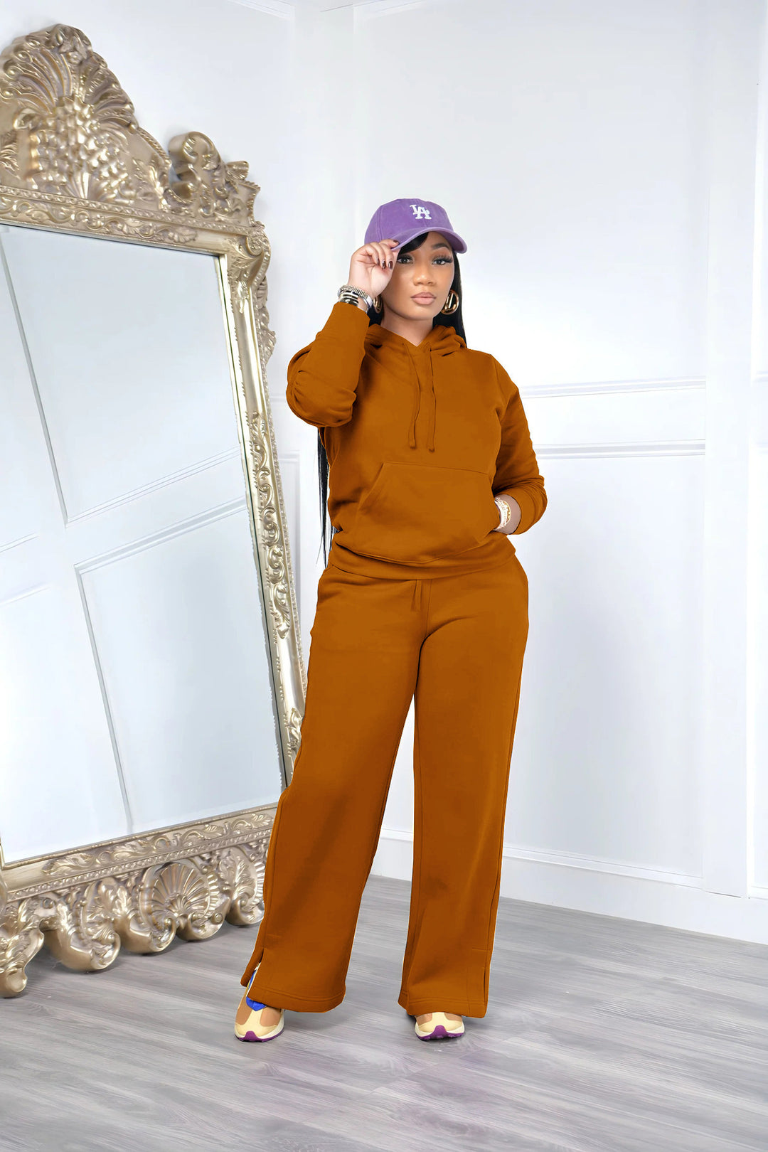 Damen nan Relax-Loungewear-Set mit weitem Highwaist-Palazzo-Jogger, Kapuzenpullover mit Kängurutasche und seitlichem Saumschlitz Shop Nory