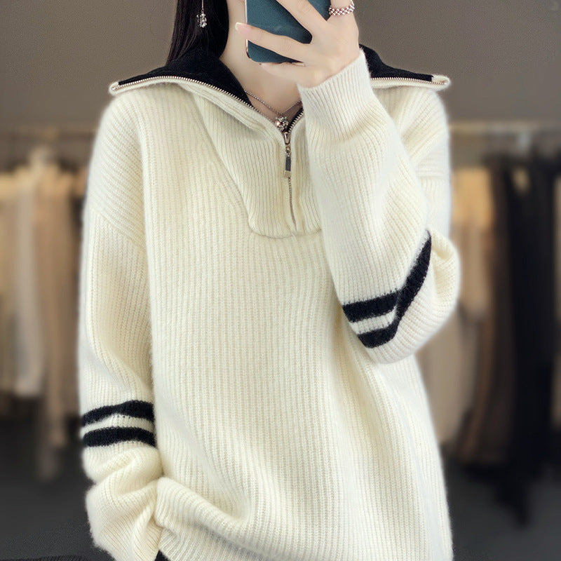 Damen Rippenstrick-Pullover mit halbem Reißverschluss, hohem Stehkragen und lässiger Passform Shop Nory