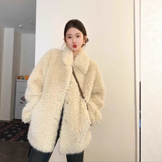 Damen Oversize Teddyfell‑Mantel mit Schalkragen und verdeckter Knopfleiste Shop Nory