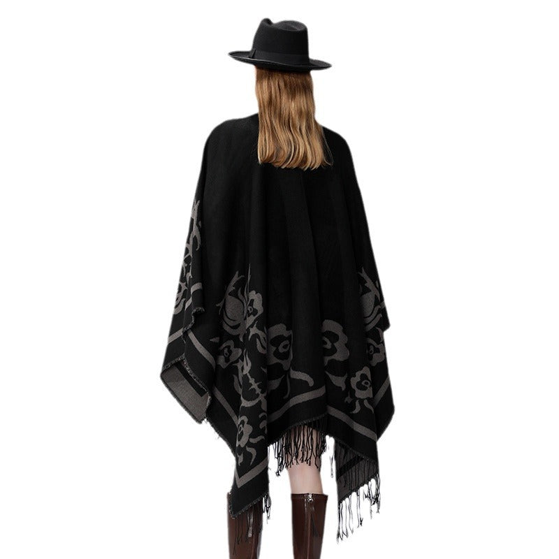 Damen Umhangponcho mit floralen Jacquard-Panels und Fransensaum Shop Nory